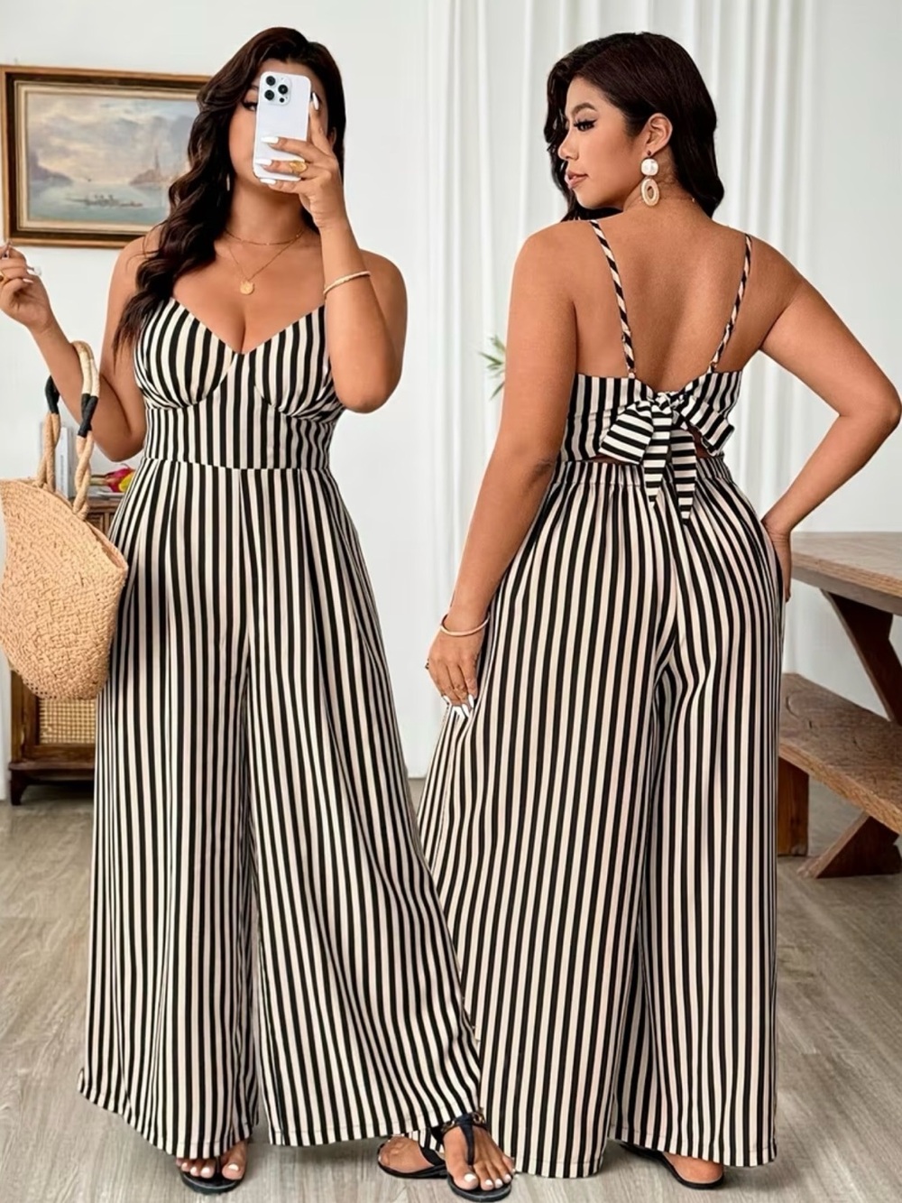Black and Cream Striped Wide-Leg Bow Jumpsuit New Boutique